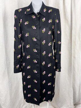 Vintage linen walking coat pink embroidered cherries lightweight topper Carlisle